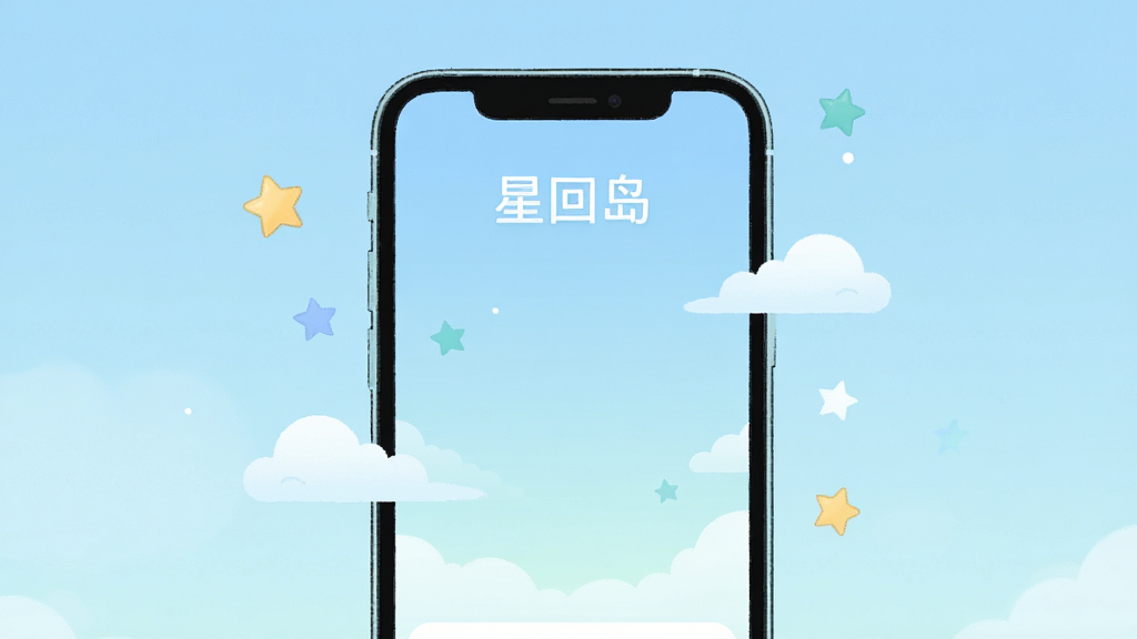 一张手机界面截图风格插画,画面中央是“星回岛”App的首页,界面干净没有任何广告横幅或弹窗,背景是淡蓝色渐变,周围漂浮着几颗小星星和云朵装饰,风格清新简约,文字“星回岛”显示在顶部,画质清晰,无多余元素