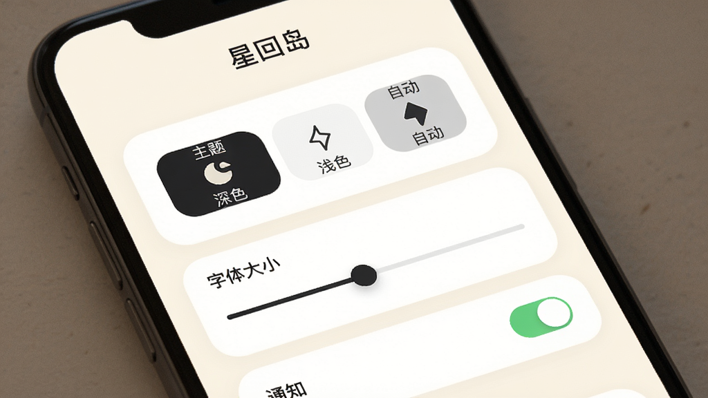手机界面展示“星回岛”App的设置页面,页面中显示主题颜色切换选项(深色/浅色/自动)、字体大小调节滑块、通知开关按钮,界面风格统一为圆角卡片式布局,背景为柔和米白色,图标线条简洁,文字“星回岛”出现在页面顶部,画质干净,无杂乱元素