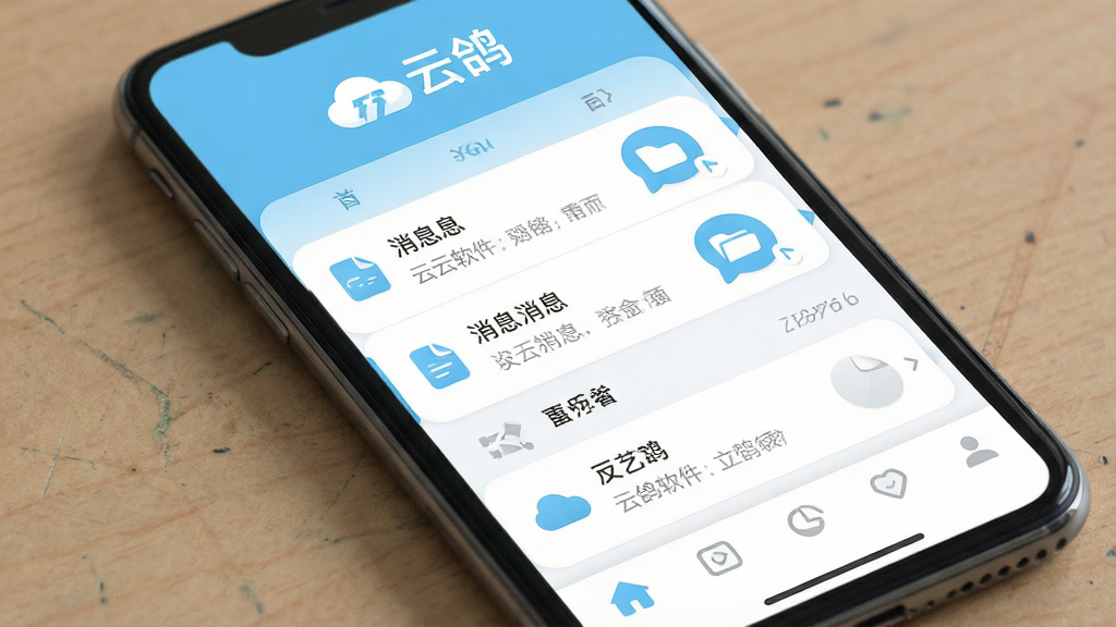一张手机屏幕展示云鸽软件主界面的图片,界面以浅蓝色和白色为主色调,顶部显示“云鸽”文字标志,中间是消息列表和文件传输图标,底部有导航栏,画面干净整洁,扁平化设计风格,UI细节圆润,画质清晰,无多余元素