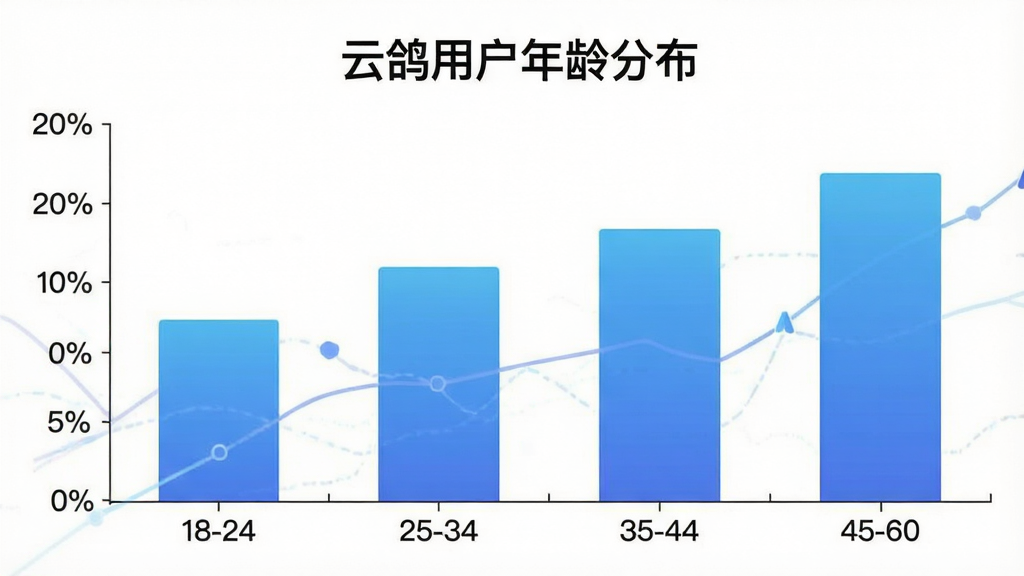 一张展示云鸽软件用户年龄分布的柱状图图片,横轴为年龄段18-24、25-34、35-44、45-60,纵轴为用户占比百分比,柱状图颜色为蓝色渐变,图表上方有“云鸽用户年龄分布”文字标识,风格简洁数据可视化,画质清晰无多余元素