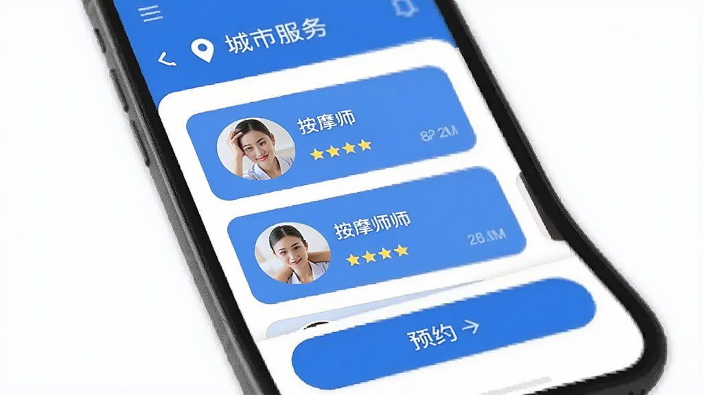 �ֻ���ĻչʾԼ��Ħ�����Ӧ�ý��棬���岼�ּ�࣬������ʾ���ж�λ���м��ǰ�Ħʦ�б���Ƭ����ͷ������֣��ײ���ԤԼ��ť��������ɫ����ƽ����Ʒ�񣬻��ʸɾ��������޶���Ԫ��