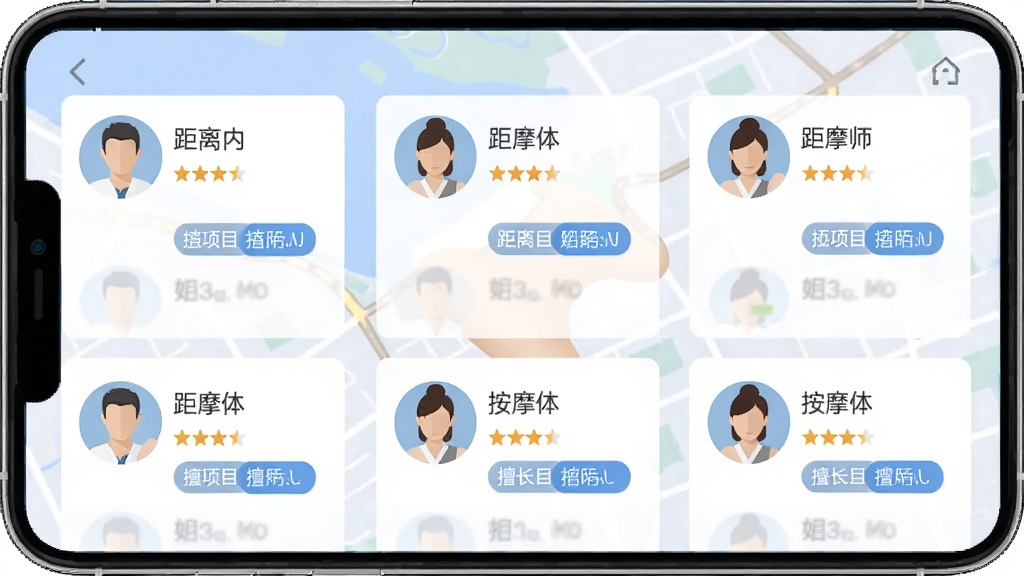 Լ��Ħ�����APP�����ͼ��չʾ������Ħʦ�б���ÿ����Ƭ����ͷ�񡢾��롢���ֺ��ó���Ŀ��ǩ����ͼ������Լ�ɼ���������ˬ��������ɫ������ƽ����ƣ����ʸɾ��޶���Ԫ��