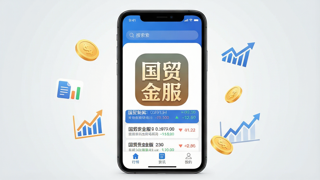 一张手机应用界面的高清展示图,画面中心是一部立着的智能手机,手机屏幕上清晰显示着“国贸金服”四个大字的App图标和主界面,界面以蓝色和白色为主色调,顶部有搜索框,中间是滚动播报的财经新闻卡片,底部有行情、资讯、我的三个导航按钮,手机周围散落着一些金币和上升的折线图小图标作为点缀,整体风格现代简洁,画质清晰,背景为干净的浅灰色渐变,无多余元素