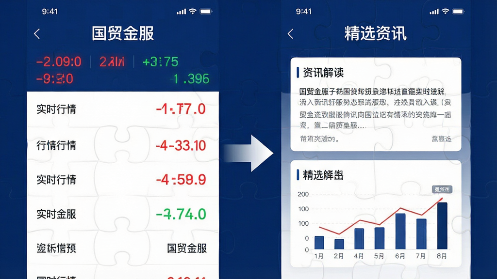 一张展示“国贸金服”App内部功能的拼图效果图,左边显示实时行情列表,红绿数字跳动,右边显示资讯解读页面,有文字卡片和图表,中间用箭头连接,画面风格是扁平化科技风,主色调为深蓝和白色,细节清晰,文字标注“实时行情”和“精选资讯”,画质锐利,背景干净无杂物