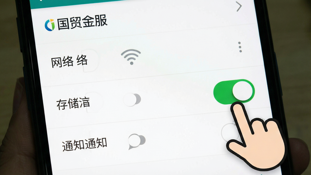一张手机屏幕截图风格的图片,画面显示“国贸金服”App的权限设置界面,有网络、存储、通知三个开关按钮,旁边有手指图标正在点击通知开关,界面风格是安卓原生设置页,白色背景,文字清晰,画质干净,重点突出“允许通知”按钮