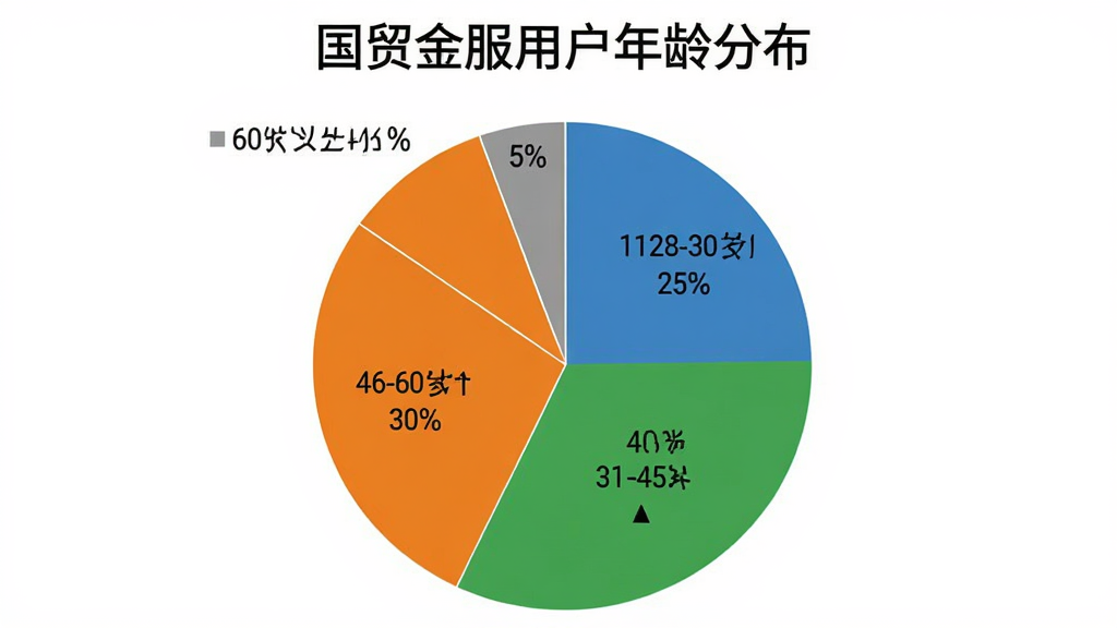 一张饼状图,标题为“国贸金服用户年龄分布”,饼图分为四块,18-30岁占比25%,31-45岁占比40%,46-60岁占比30%,60岁以上占比5%,颜色分别为蓝色、绿色、橙色、灰色,图表简洁明了,背景白色,画质清晰无多余元素