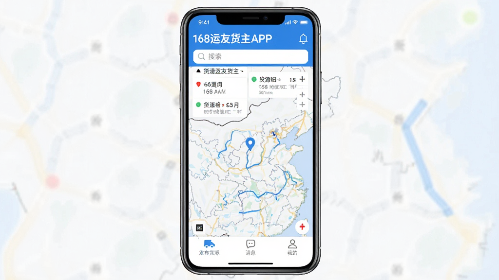 一张展示168运友货主APP核心界面的手机屏幕截图,画面中央是软件主页面,顶部显示货源列表和搜索框,中间是地图定位和货运路线示意图,底部是发布货源、消息和我的三个导航按钮,整体风格简洁现代,蓝白配色,画质清晰干净,无多余元素
