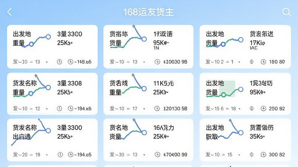 一张168运友货主APP货源列表页面的详细展示图,画面中整齐排列着多条货源卡片,每条卡片上清晰显示出发地到目的地的路线、货物名称、重量和发布时间,背景是淡蓝色渐变,风格扁平化设计,文字清晰可读,画面干净整洁