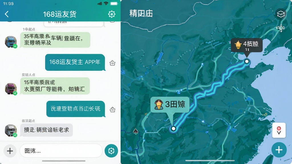 一张168运友货主APP实时沟通和车辆轨迹查看功能的界面截图,画面左侧是聊天对话框,右侧是地图上显示车辆位置移动的轨迹线,地图上有标注起点和终点,整体风格清晰直观,蓝绿色调,画质干净无杂乱元素