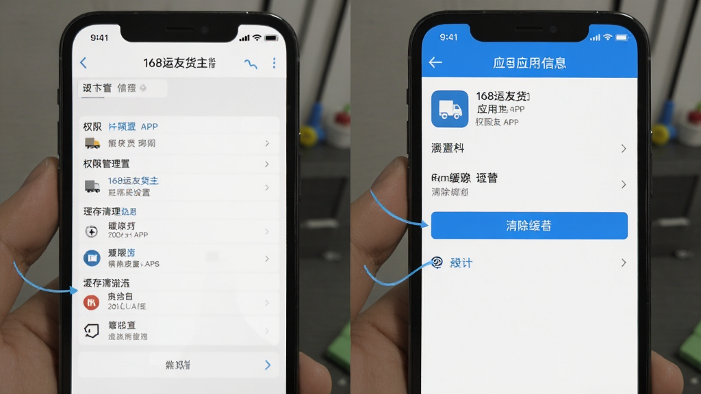 一张展示168运友货主APP权限设置和缓存清理步骤的手机截图合集,画面分为左右两部分,左边是权限管理界面,右边是应用信息页面带有清除缓存按钮,风格简洁实用,标注清晰,画质干净无多余装饰