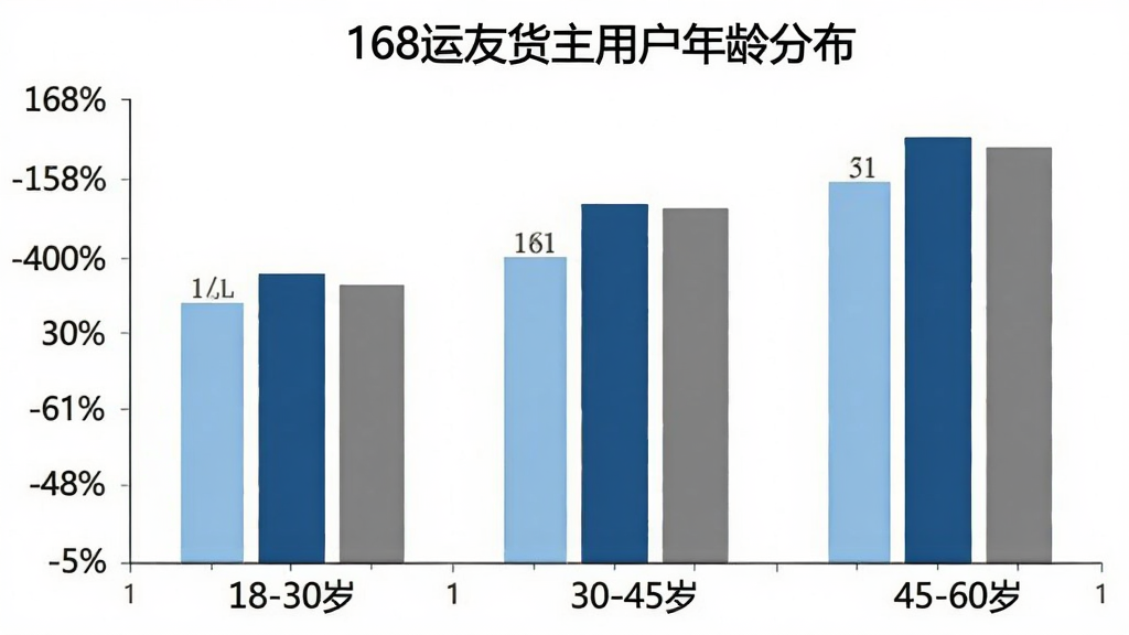 一张168运友货主用户年龄分布柱状图,横轴是年龄段分为18-30岁、30-45岁、45-60岁,纵轴是用户占比百分比,柱状图颜色分别为浅蓝、深蓝、灰色,图表标题为“168运友货主用户年龄分布”,背景白色,风格简洁专业,画质清晰无多余网格线