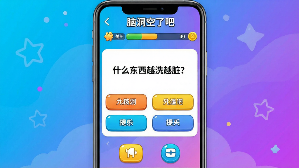 һ��չʾ�ֻ�������Ϸ�����ͼƬ�����������ǡ��Զ����˰ɡ�App�����棬������ʾ�ؿ����Ⱥͽ���������м���һ���Զ��⡰ʲô����ԽϴԽ�ࣿ�����·����ĸ�ѡ�ť���ײ�����ʾ������ͼ�꣬����������������ɫ���䣬���������ɻ��ã�ϸ�����������ʸɾ����޶���Ԫ��