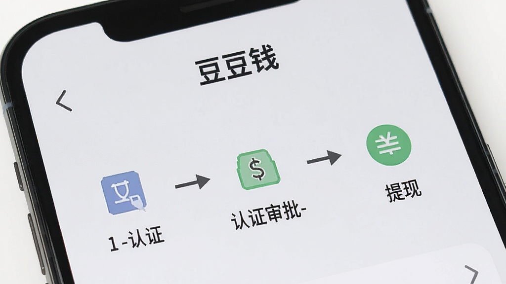 一张手机屏幕截图,展示“豆豆钱”APP的借款流程页面,页面用简洁的图标和箭头表示“认证-审批-提现”三个步骤,背景是浅灰色,文字清晰,整体排版干净利落,画质干净无多余元素
