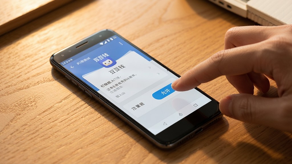 一部安卓手机放在桌面上,屏幕显示“豆豆钱”APP的权限设置页面,旁边有一只手正在点击“允许”按钮,背景是木质桌面,光线温暖,画质清晰,细节丰富,无多余元素