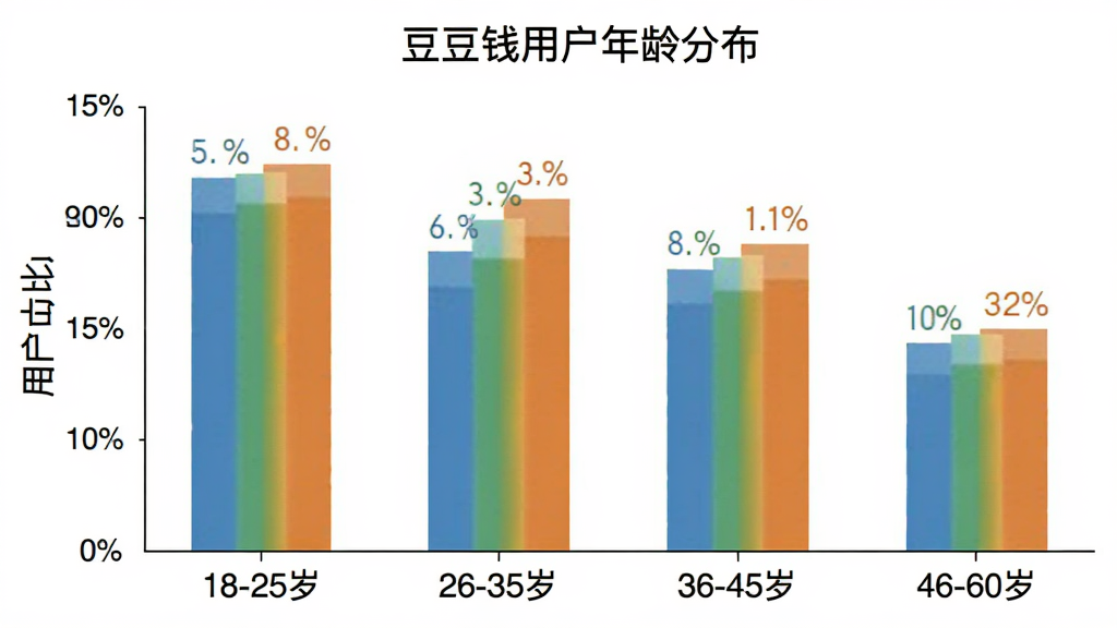 一张柱状图,横轴是年龄段“18-25岁”、“26-35岁”、“36-45岁”、“46-60岁”,纵轴是用户占比,柱子上方有百分比数字,图表标题为“豆豆钱用户年龄分布”,背景是白色,风格简洁专业,画质清晰,无多余元素