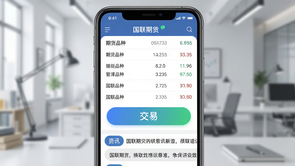 一张展示“国联期货”手机APP主界面的详细图片,主体是手机屏幕,布局上方显示期货品种行情列表,中间是交易按钮,下方是资讯滚动条,排版清晰,风格现代简洁,细节上图标圆润,画质高清,干净无多余元素