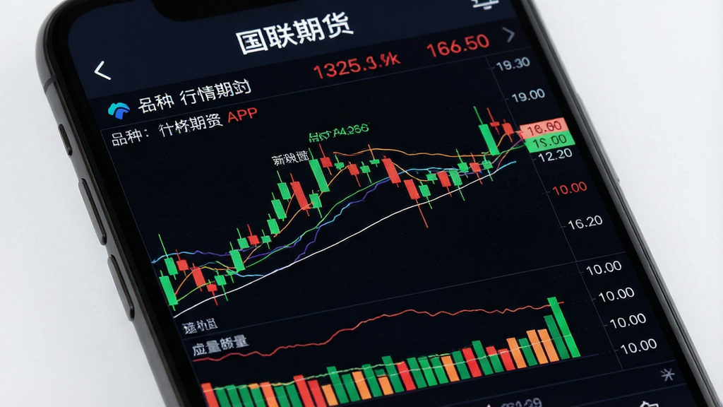 一张展示“国联期货”APP内行情走势图的图片,主体是手机屏幕上的K线图,布局上方是品种名称和价格,中间是红绿相间的K线,下方是成交量柱状图,排版专业,风格金融科技感,细节上指标线清晰,画质锐利,干净无杂乱信息