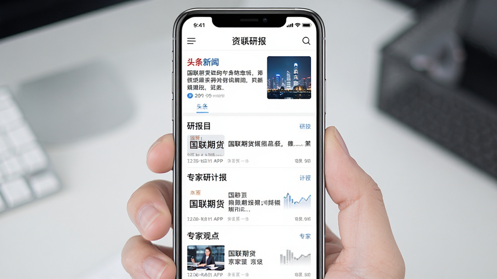 一张展示“国联期货”APP内资讯研报页面的图片,主体是手机屏幕,布局上方是头条新闻,中间是研报列表,下方是专家观点,排版整洁,风格商务专业,细节上文字清晰,画质干净,无多余广告元素