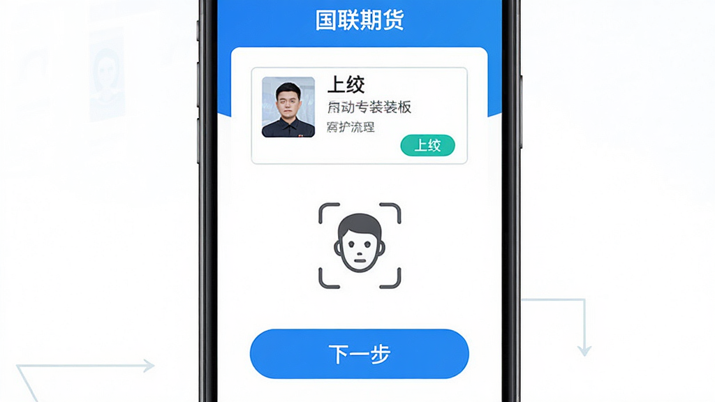 一张展示“国联期货”APP在手机上安装和开户流程的图片,主体是手机屏幕显示开户页面,布局上方是身份证上传框,中间是人脸识别图标,下方是下一步按钮,排版清晰,风格简洁指引,细节上按钮醒目,画质干净,无多余装饰