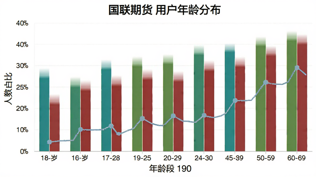 一张展示“国联期货”用户年龄分布的柱状图,主体是图表,布局横轴是年龄段18-60岁,纵轴是人数占比,风格数据可视化,细节上柱体颜色分明,画质清晰,干净无多余元素