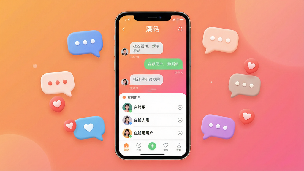 一张展示社交聊天应用界面的全貌图,画面中央是一个现代感十足的智能手机,屏幕里显示着“潮话”App的主界面,包含聊天气泡、在线用户列表和底部导航栏,背景是温暖的渐变橙粉色调,周围环绕着几个漂浮的对话气泡图标和心形点赞图标,整体布局清晰,风格轻松活泼,细节圆润,画质干净无多余元素