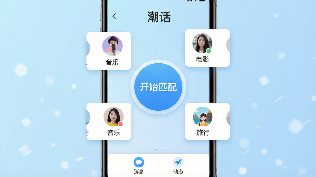 一张展示“潮话”App极速匹配功能的界面图,画面主体是手机屏幕,屏幕中央有一个醒目的“开始匹配”圆形按钮,按钮周围环绕着多个用户头像卡片,每个卡片下方标注着兴趣标签如“音乐”“电影”“旅行”,背景是淡蓝色渐变,界面底部有消息和动态图标,整体风格简洁明快,画质干净无多余元素