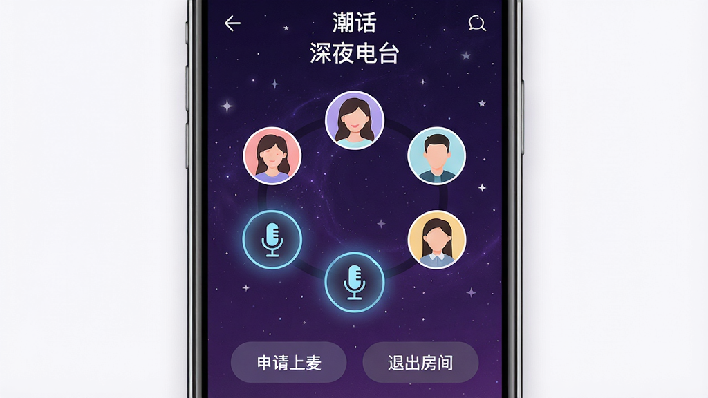一张展示“潮话”App语音互动房间界面的图,画面中是一个手机屏幕,屏幕里显示一个语音房间的布局,顶部是房间主题“深夜电台”,中间有六个用户头像围成一圈,其中三个头像是亮起的麦克风图标,底部有“申请上麦”和“退出房间”按钮,背景是深紫色星空风格,整体排版对称,画质干净无多余元素