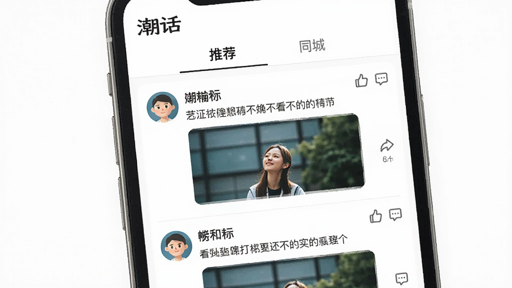 一张展示“潮话”App动态广场界面的图,画面主体是手机屏幕,屏幕里显示一个瀑布流动态列表,每条动态包含用户头像、昵称、文字内容和配图,右侧有点赞和评论图标,顶部有“推荐”和“同城”两个标签页,背景是纯白色,界面风格扁平化,画质干净无多余元素