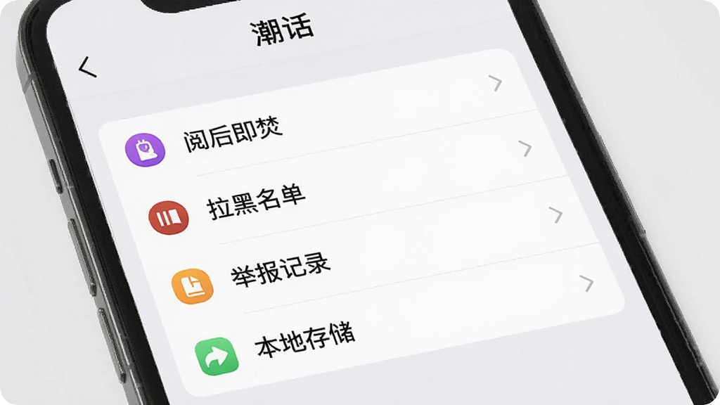 一张展示“潮话”App隐私安全设置界面的图,画面主体是手机屏幕,屏幕里显示一个设置菜单,菜单项包括“阅后即焚”“拉黑名单”“举报记录”“本地存储”等,每个选项旁边有对应的图标,背景是浅灰色,界面风格简洁,文字清晰,画质干净无多余元素