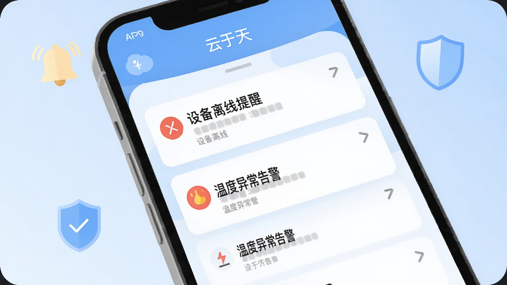 ����չʾ�������족APP�ĸ澯֪ͨ���棬�ֻ���Ļ�ϵ�������֪ͨ��Ƭ���ֱ�д�š��豸�������ѡ����¶��쳣�澯���������ǵ���ɫ���䣬��Χ�м�Լ�������Ͷ���ͼ�꣬������±�ƽ�����ʸɾ����޶���Ԫ��