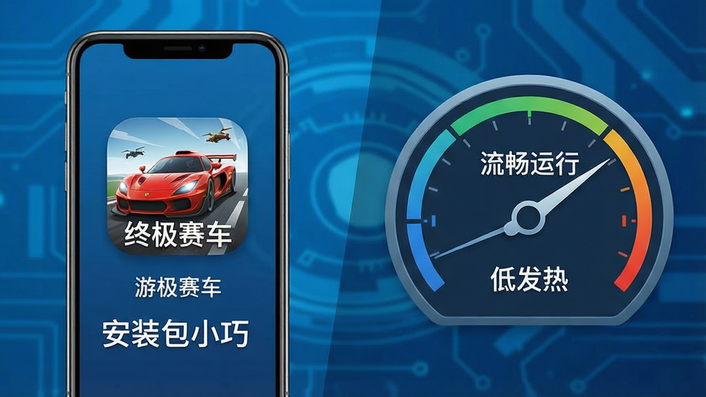 一张展示游戏安装包体积小和低配置要求的示意图,画面左侧是一部手机显示“终极赛车”图标和“安装包小巧”字样,右侧是一个性能仪表盘显示“流畅运行”和“低发热”指标,背景为简约科技蓝风格,布局左右对比,画质干净无多余元素