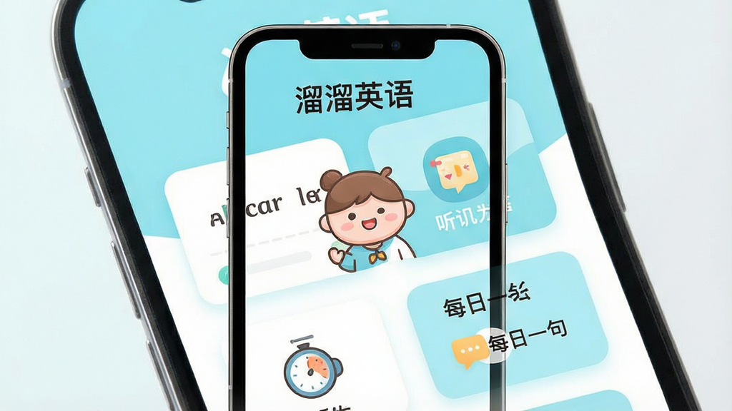 一张展示手机应用主界面的图片,画面正中央是手机屏幕,屏幕上显示着“溜溜英语”的软件名称和卡通形象,界面背景是清新的浅蓝色和白色搭配,屏幕上分布着单词卡片、听力图标和每日一句的模块,布局简洁明快,风格是扁平化卡通插画风,细节上图标圆润可爱,画质清晰干净,无多余元素。