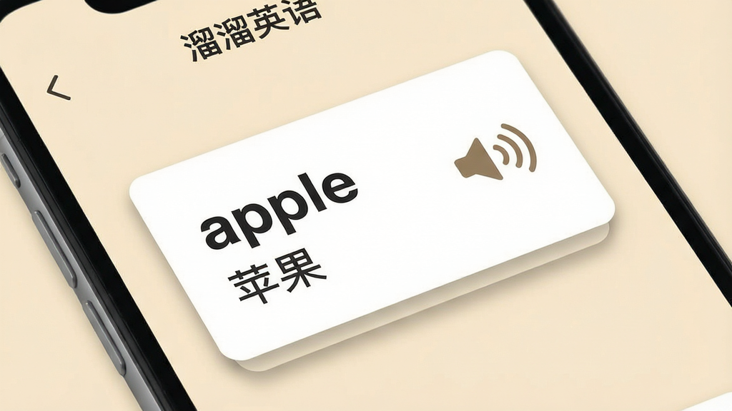 一张展示手机屏幕的图片,屏幕上显示“溜溜英语”的单词卡片学习界面,卡片上写着英文单词“apple”和中文释义“苹果”,旁边有一个小喇叭图标和发音波纹,背景是柔和的米黄色,风格是简约现代的扁平设计,细节上卡片有轻微的阴影,画质清晰干净,无多余元素。