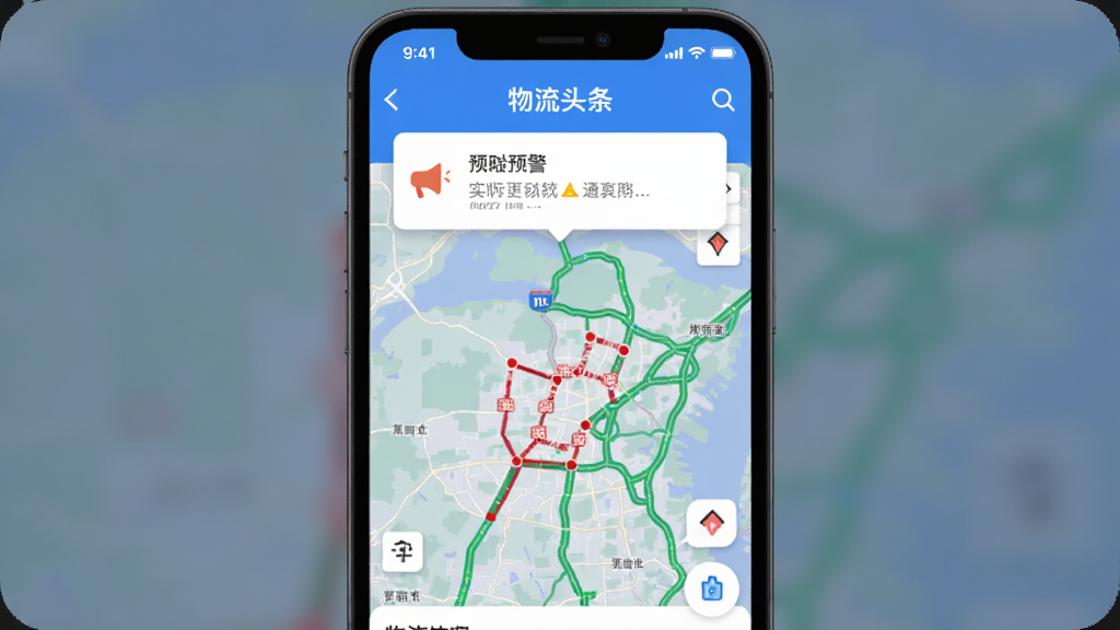 ����ͷ��APPʵʱ·�����棬��ʾ��ͼ�Ϻ�ɫӵ��·�κ���ɫ��ͨ·�Σ�������Ԥ���������ֻ���Ļչʾ��������������ɫ��