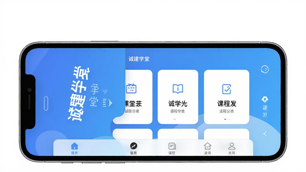 һ��չʾ�Ͻ�ѧ��APP���Ľ�����ֻ�����ͼ���ֻ���Ļ����ʾ�Ͻ�ѧ���ĸ������Լ��γ̷����б��͵ײ��������������Ǽ�����ɫ���䣬����ִ���ƽ�����ʸɾ��������޶���Ԫ��