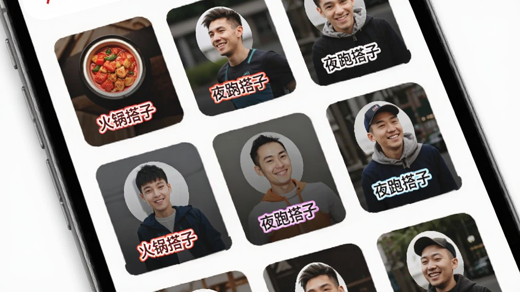 搭子社区兴趣匹配功能展示,手机界面中显示多个用户头像卡片,每个卡片上带有“火锅搭子”、“夜跑搭子”等标签,卡片排列整齐,背景是简洁的白色,风格清新现代,画质干净,无多余元素
