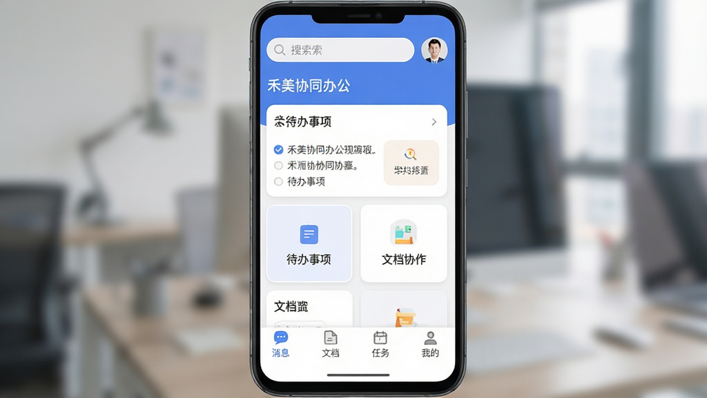 ����Эͬ�칫 Ӧ��������ȫò ����Ϊһ����׿�ֻ���Ļ ��Ļ��չʾ������Эͬ�칫��APP����ҳ ���ֶ����������������ͷ�� �м��Ǵ������Ƭ���ĵ�Э����� �ײ�Ϊ��Ϣ���ĵ��������ҵ��ĸ�������ǩ �Ű����� ����ִ���ƽ�� ϸ��Բ�� ���ʸɾ� �޶���Ԫ��
