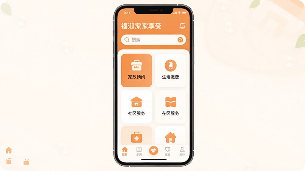 ��������Ӧ��������ȫòչʾ�������������ֻ���Ļ����Ļ����ʾ��������App����ҳ�������л�ӭ����������м��ǹ��ܿ�Ƭ���񲼾֣���������ԤԼ������ɷѡ����������ͼ�꣬�ײ�����������������ɫ��Ϊ��ů�ĳȰ�ɫϵ����ƽ����Ʒ�񣬽���ɾ����࣬ϸ��Բ�󣬻��������޶���Ԫ��