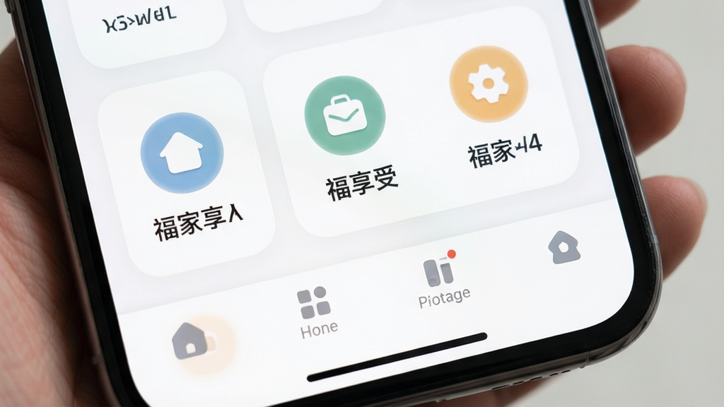 �������ܼ�����������д������չʾ�ֻ���Ļ�Ŵ�ϸ�ڣ���Ļ���Ǹ�������App�ĵײ��������͹��ܿ�Ƭ��ͼ��Բ�����������ֱ�ǩ��Ŀ�����岼�����׳��㣬����ִ���Լ��ɫ����ͣ����ʸɾ��޶���Ԫ��