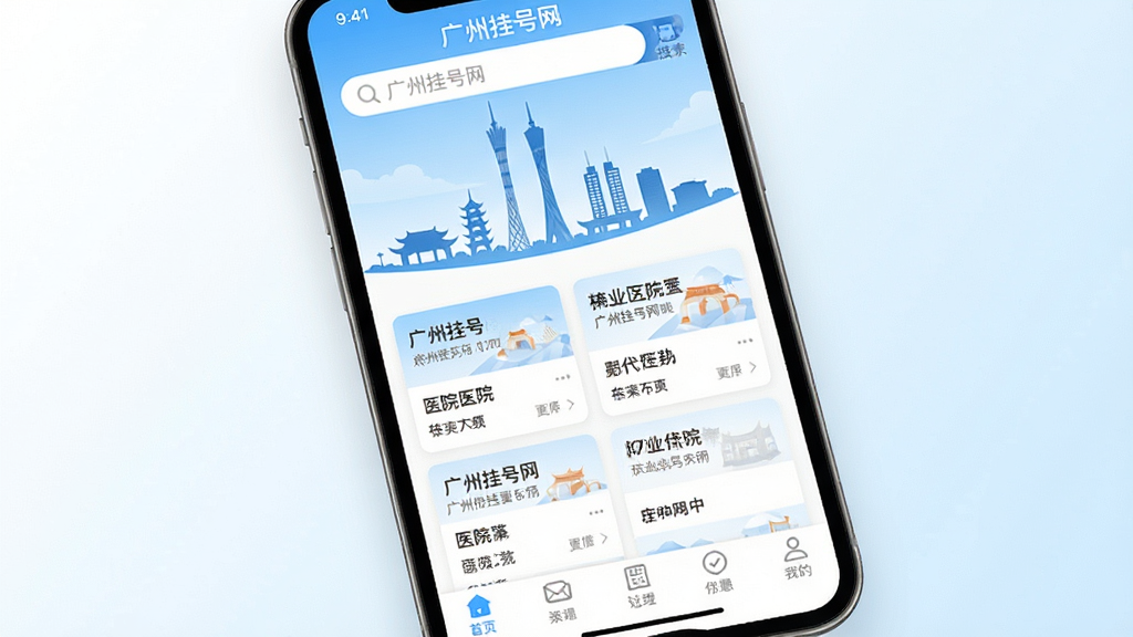 �ֻ���Ļ��д������������ʾ�����ݹҺ�����APP��ҳ���棬�����Ǹɾ��İ�ɫ��ǳ��ɫ���䣬���涥����������͹��ݵر��Ӱ���м���ҽԺ�б���Ƭ���ײ������������ɼ����������ִ���࣬���ʸɾ����޶���Ԫ��