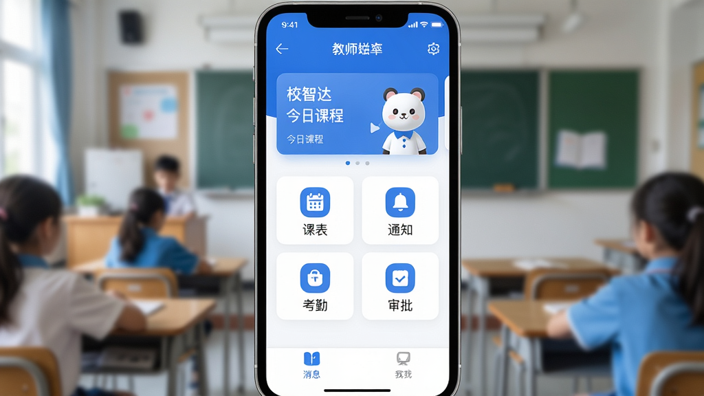 һ���ֻ���Ļ��д������������У�Ǵ��ʦ���ٰ�App����ҳ���棬������ʾ��ʦ�����ͽ��տγ̿�Ƭ���м������ſα���֪ͨ�����ڡ������ĸ�����ͼ�꣬�ײ�����Ϣ���ҵ�ѡ����������黯�Ľ��ҳ���������ִ���࣬������ɫ�����������ɾ����޶���Ԫ��