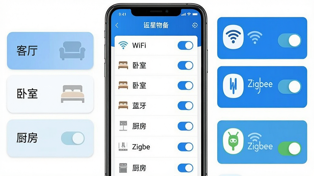 һ��չʾ��������App���豸���������ʾ��ͼ����������һ���ֻ���ʾ�豸�б�������з�������ǩ�������������ҡ������������Ҳ��豸��Ƭ��ʾ��ͬЭ��ͼ�꣨WiFi��������Zigbee����ÿ����Ƭ�п���״̬�����岼��������������Ϊ��ɫ��������ִ���ƽ�����ʸɾ��޶���Ԫ��