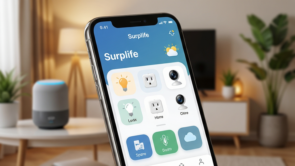 һ��չʾSurplife���ܼҾ�App���Ľ������ϸ��ͼ��������һ���ִ������ֻ�����Ļ����ʾ��Surplife App����������壬���������������Ǽ�ͥ���ƺ��������м��Ǹ��������豸ͼ������ݡ�����������ͷ���ײ��ǳ���ģʽ��ť���Ű���þ��й�ͼ���ֻ�΢΢��б����������ܰ���ִ�������������ůɫ���ƹ⡣���Ϊ�Ƽ����������ϣ�ϸ�ڰ����ֻ���Ե�ĸ߹⡢��Ļ��ͼ���Բ����ơ�������ģ���������������ֲ������4K���壬����ɾ����޶������ֺ�Ԫ�أ�ͻ����Surplife����ʶ����Ļ������