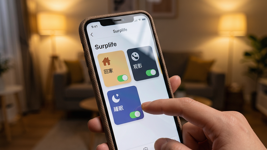 һ��չʾSurplife App���ֻ�������ʵ������ϸ��ͼ��������һֻ�������ֻ�����Ļ��ʾSurplife�ġ����ܳ�����ҳ�棬�ж��������Ƭ�硰�ؼҡ�����Ӱ����˯�ߡ�����Ƭ���п��غ�ͼ�ꡣ���ֲ��õ�һ�˳��ӽǣ�������ģ���Ŀ�����������ůɫ�ƹ⡣����������¼�磬ϸ�ڰ�����ָ������Ļ�Ķ������ֻ��ǵ��ʸС���Ļ����Ч�������ʸ��壬����ɾ����޶���Ԫ�أ���Ļ�������ɼ���Surplife��������
