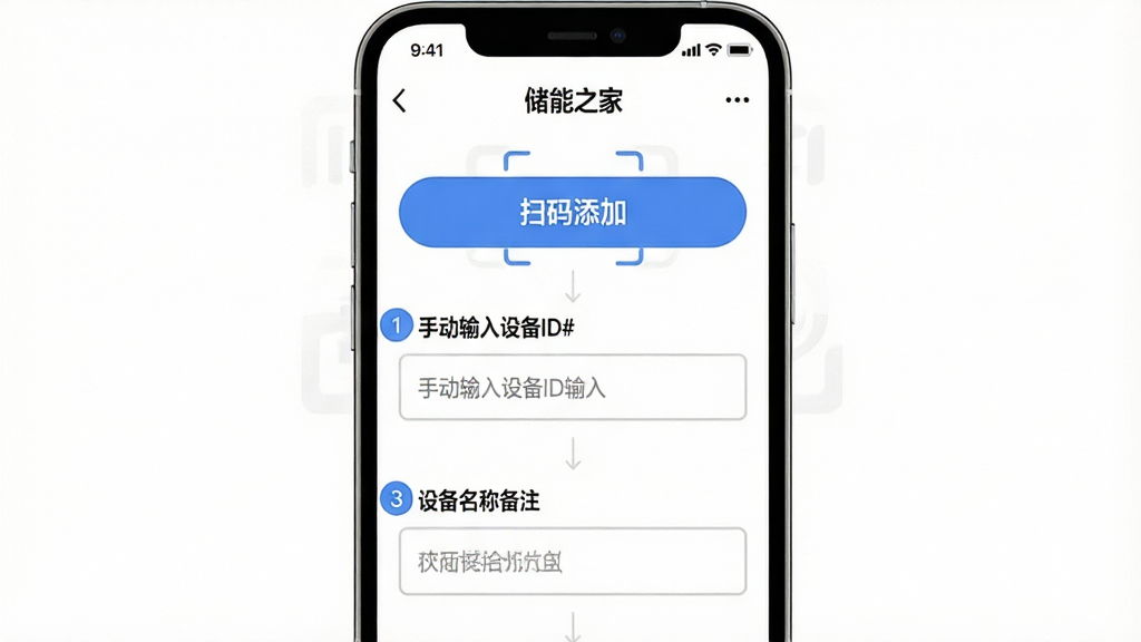 ����һ���ֻ���������ʾ��ͼ������Ϊ������֮�ҡ�APP�����豸���棬���ִ��ϵ���������ɨ�����Ӱ�ť���ֶ������豸ID������豸���Ʊ�ע���Ű���������ʽ������ƽ����ҳ��ƣ�ϸ���ϰ�ťΪ��ɫԲ�Ǿ��Ρ��������ǳ�ұ߿򡢲��������Բ�����ֱ�������ʸɾ��޶���Ԫ�أ�������ɫ��