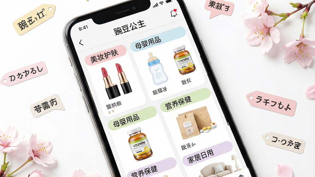 һ��չʾ�㶹����APP��Ʒ����ҳ���AI��ͼ������������һ���ֻ���Ļ����Ļ����ʾ�š��㶹������APP��������Ŀ���ձ���Ʒ���࣬�硰��ױ����������ĸӤ��Ʒ������Ӫ�������������Ҿ����á��ȱ�ǩ�����ɼ���ÿ�������¶��д����Ե���ƷСͼ������ں졢��ƿ��ά����Ƭ�ȡ������Ǹɾ�����İ�ɫ���ֻ���Χɢ����һЩ���ı�ǩ��ӣ��Ԫ����Ϊ��׺�������������������µĵ��̷�񣬻���ϸ�壬ϸ�ڷḻ��������Ԫ�ء�