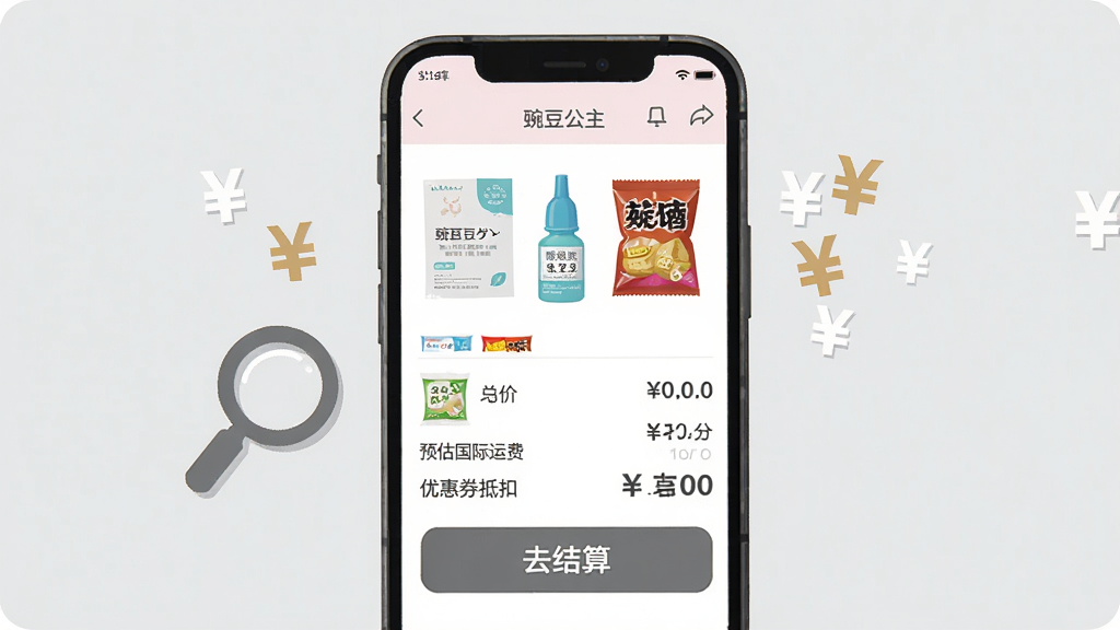 һ��չʾ�㶹����APP���ﳵ�����ҳ���AI��ͼ������������һ���ֻ���Ļ����Ļ����ʾ�š��㶹������APP�Ĺ��ﳵ���棬�����м����ձ���Ʒ������Ĥ����ҩˮ����ʳ�ȡ��·��������г�����Ʒ�ܼۡ�Ԥ�������˷Ѻ��Ż�ȯ�ֿ۽������һ����Ŀ�ġ�ȥ���㡱��ť���ֻ��Ա���һ���Ŵ�ͼ���һЩƯ������Ԫ���š������Ǽ���ǳ��ɫ������ִ���ƽ�����ʸɾ����޶���Ԫ�ء�