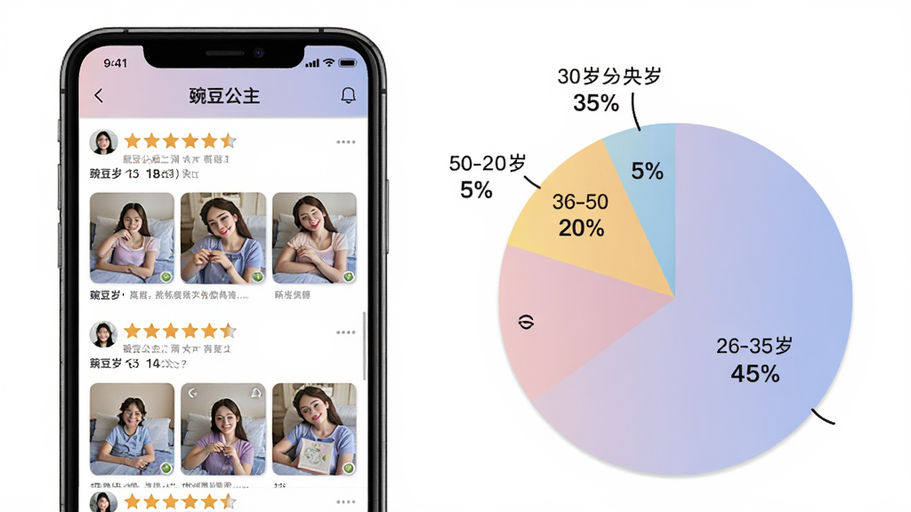 һ��չʾ�㶹����APP�û�����������ֲ���ͼ���廭�����������һ���ֻ���Ļ����ʾ�š��㶹������APP����Ʒ����ҳ�棬�����������Ǻ������û�ɹͼ�������Ҳ���һ����״ͼ��������չʾ�˲�ͬ����ε��û�ռ�ȣ�18-25��ռ35%��26-35��ռ40%��36-50��ռ20%��50������ռ5%��ͼ����ɫ��ͣ����ݱ�ǩ�����������������񣬻��ʸɾ����޶���Ԫ�ء�