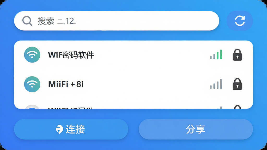 ����wifi���������������ͼ��������ִ�����ɫ���䱳����������ʾ�������ˢ�°�ť���м���WiFi�ȵ��б���ÿ���ȵ��Ա����ź�ǿ�Ⱥ�����ͼ�꣬�ײ������Ӱ�ť�ͷ�����ť�����岼�����������ֱ�ǩ��ȷ��ϸ��Բ�󣬻��ʸɾ��޶���Ԫ�ء�