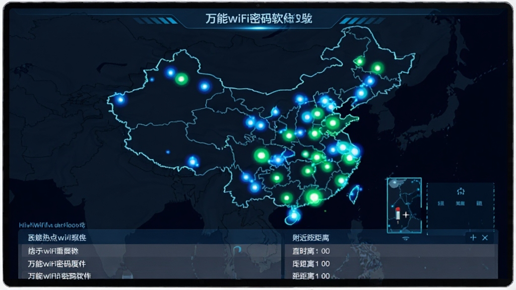 ����wifi��������չʾ�����ȵ��ͼ�ֲ����棬��Ļ�������й���ͼ�����������ܲ�����ɫ����ɫ�Ĺ�����WiFi�ȵ㣬��ͼ�·����б���ʾ���������ӵ��ȵ����ƺ;��룬������Ƽ���ʮ�㣬ɫ�����ޣ��������������ʸɾ��޶���Ԫ�ء�